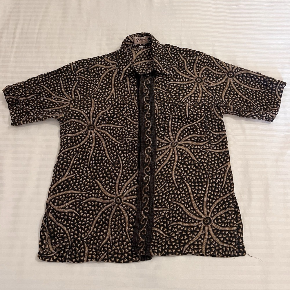 Batik Boho Earth Tone Starburst Motif Button Down Men L Resort Beach Vacation